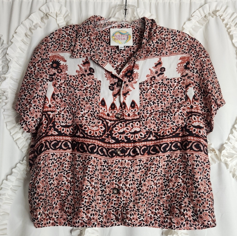 Haley Solar Floral Cropped Boxy Button-Up Short Sleeve Top Sz XS